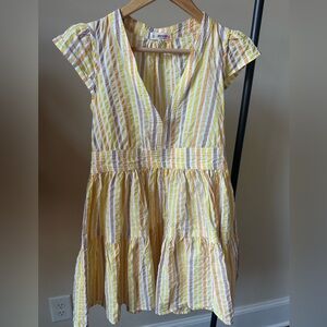 Lemlem Bekely Yellow and White Dress with Flutter Cap Sleeves Small